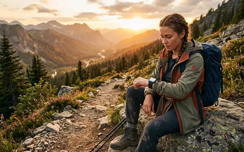 Fotorealistische Aufnahme von Smartwatch beim Wandern zum Thema Apple Watch Series 10, warmes Abendlicht - Foto: THN