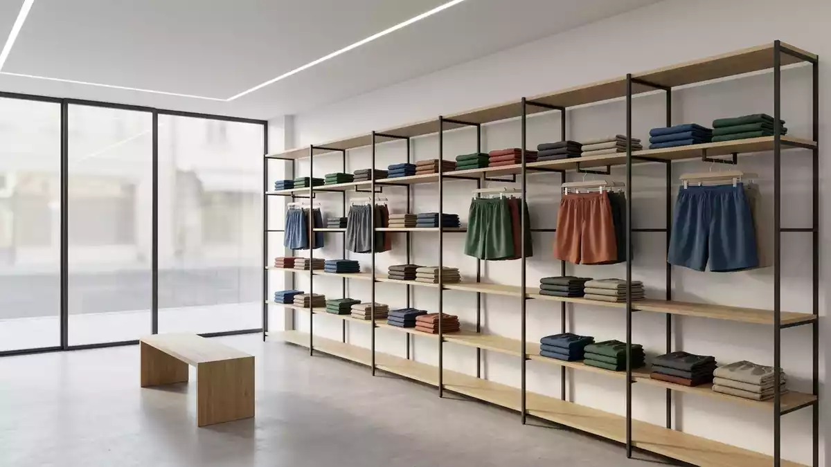 Architektur-Render im Bademodengeschaeft mit Badeshorts im Ausstellungsbereich
