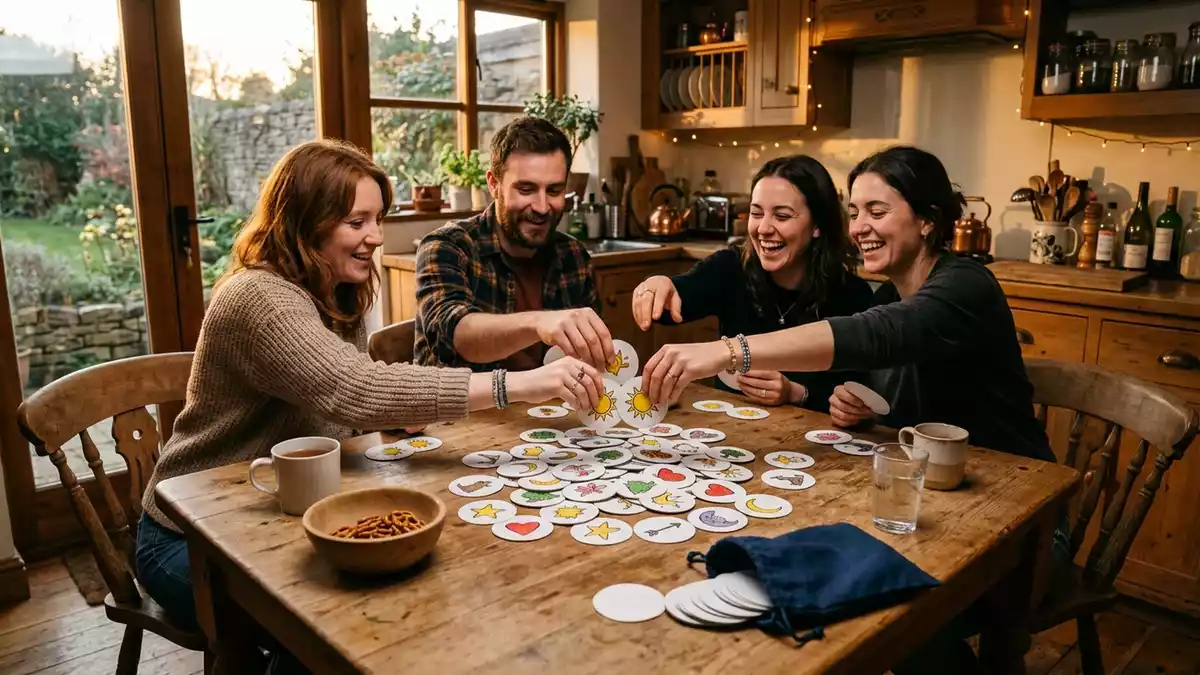Fotorealistische Ansicht von Kartenspiel in der Kueche in warmem Abendlicht, neutral
