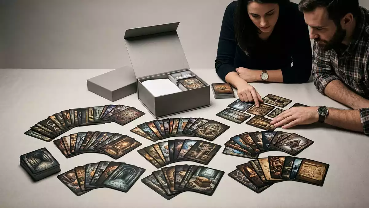 Fotorealistische Studioansicht von Escape-Kartenspiel in neutraler Produktdarstellung