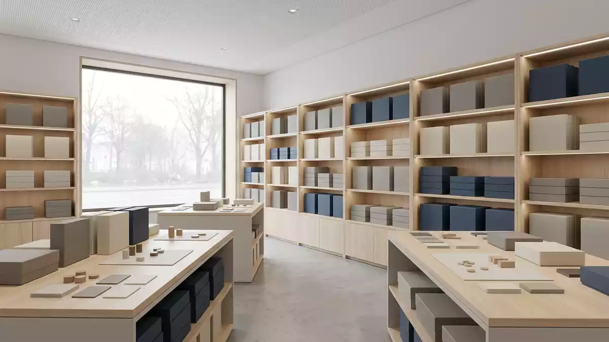 Architektur-Render im Brettspielladen mit Escape-Kartenspiel im Ausstellungsbereich