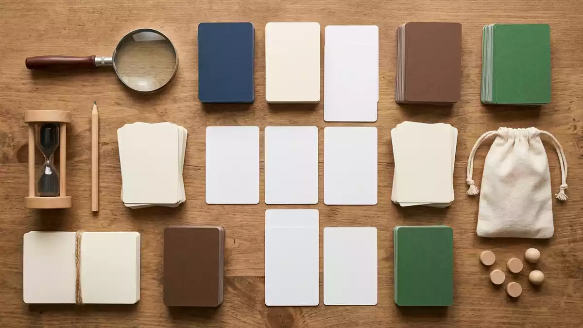 Flatlay-Arrangement rund um Escape-Kartenspiel mit passenden Requisiten von oben