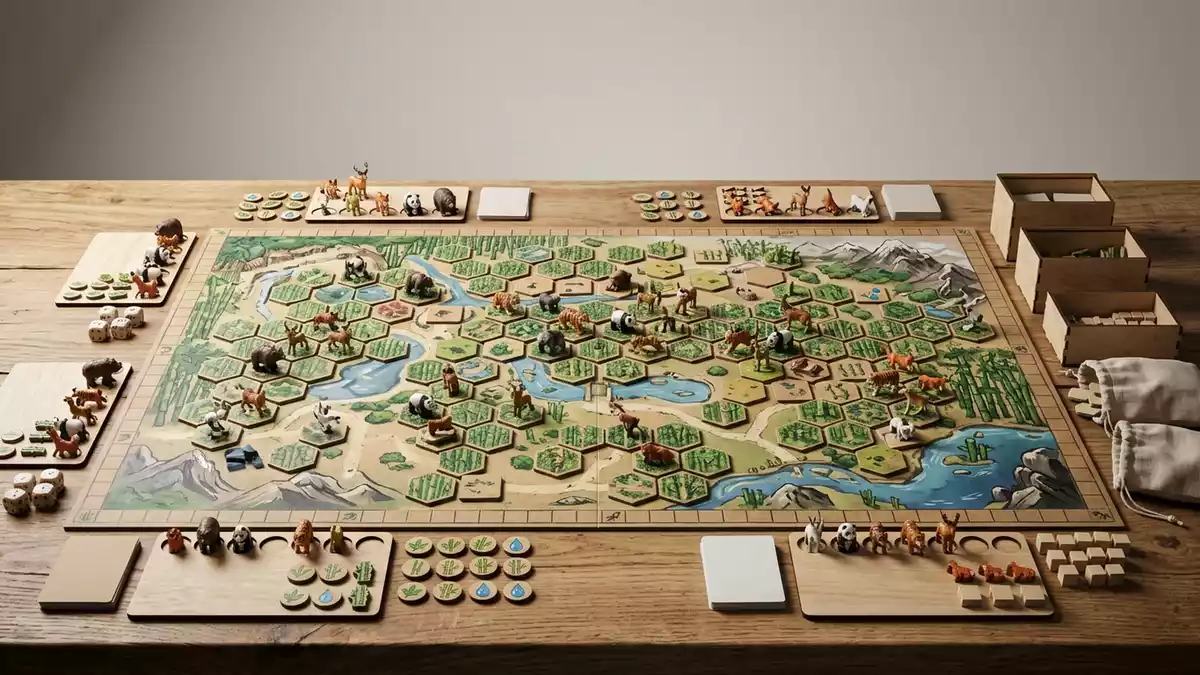 Fotorealistische Studioansicht von Brettspiel in neutraler Produktdarstellung, neutral