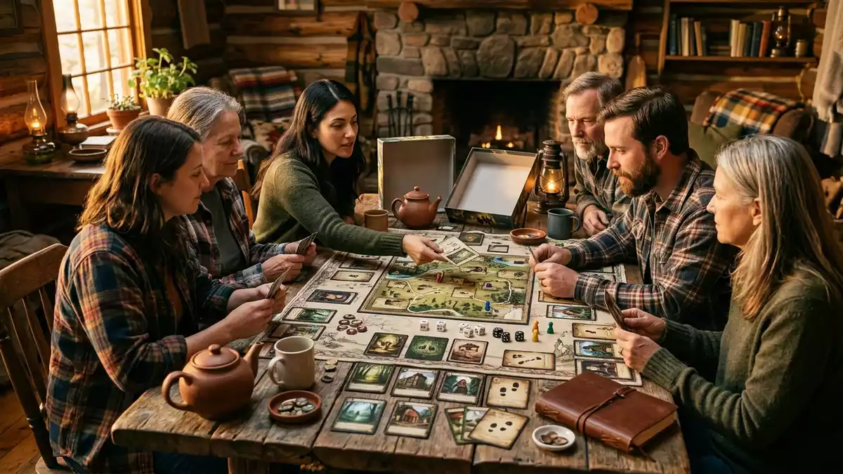Fotorealistische Ansicht von Detektivspiel in der Huette in warmem Abendlicht, neutral