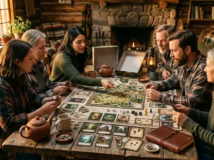 Fotorealistische Aufnahme von Detektivspiel in der Huette zum Thema Mysterium, warmes Abendlicht - Foto: THN