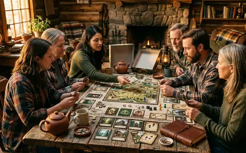 Fotorealistische Aufnahme von Detektivspiel in der Huette zum Thema Mysterium, warmes Abendlicht - Foto: THN
