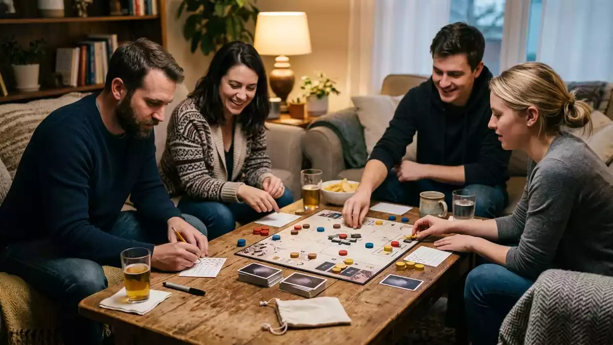 Fotorealistische Ansicht von Ratespiel am Couchtisch in realer Umgebung, neutral