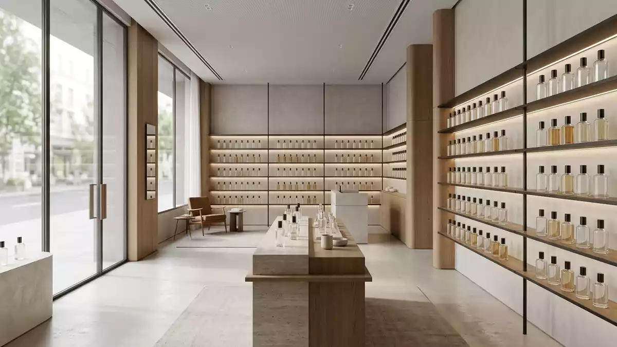 Architektur-Render im Parfuemerie mit Eau de Parfum im Ausstellungsbereich, neutral