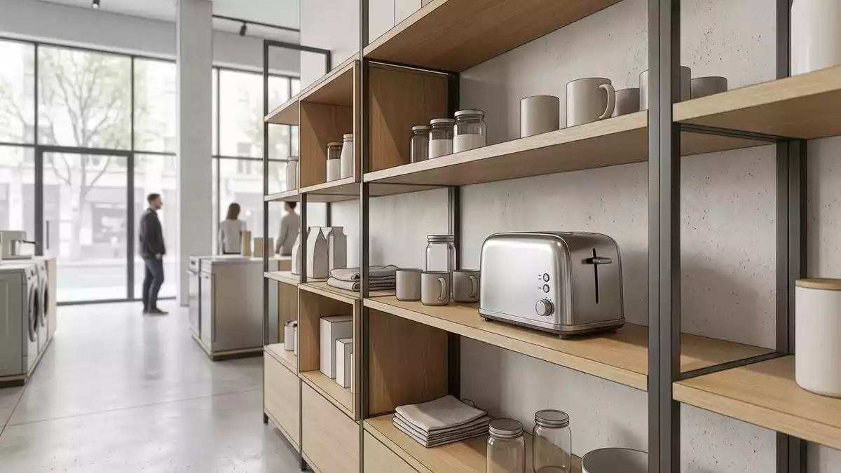 Architektur-Render im Elektrofachgeschaeft mit Zweischeibentoaster im Ausstellungsbereich