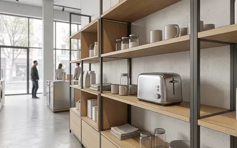Architektur-Render im Elektrofachgeschaeft mit Zweischeibentoaster zum Thema Russell Hobbs 21831-56 Buckingham, neutrales Tageslicht - Foto: THN