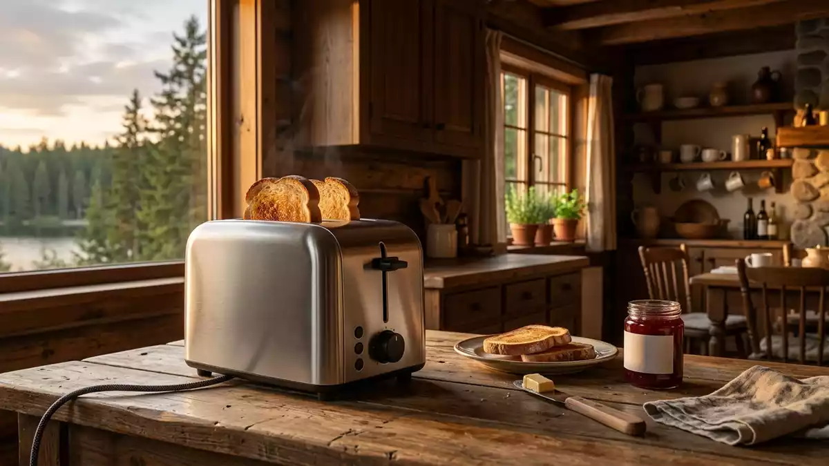Fotorealistische Ansicht von Zweischeibentoaster in der Kueche in warmem Abendlicht