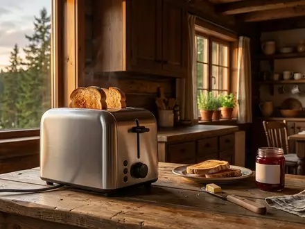 Fotorealistische Aufnahme von Zweischeibentoaster in der Kueche zum Thema Russell Hobbs 21831-56 Buckingham, warmes Abendlicht - Foto: THN