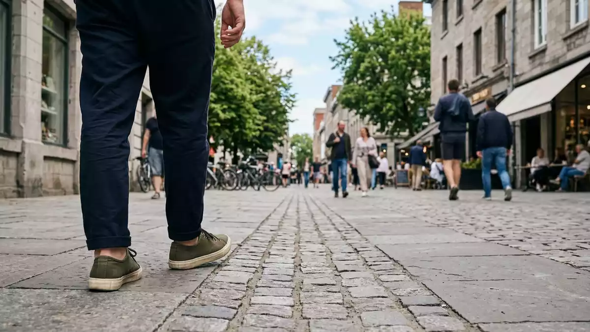 Fotorealistische Ansicht von Casual-Sneaker beim Stadtbummel in realer Umgebung
