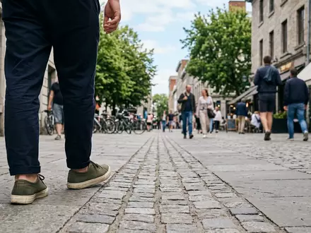Fotorealistische Aufnahme von Casual-Sneaker beim Stadtbummel zum Thema Reebok Classic Leather Sneaker, natuerliches Licht - Foto: THN