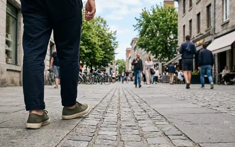 Fotorealistische Aufnahme von Casual-Sneaker beim Stadtbummel zum Thema Reebok Classic Leather Sneaker, natuerliches Licht - Foto: THN