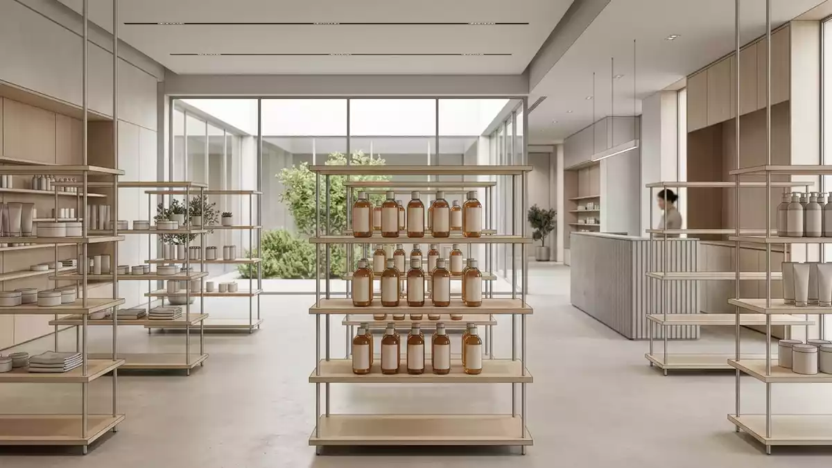 Architektur-Render im Kosmetikfachgeschaeft mit Shampoo im Ausstellungsbereich