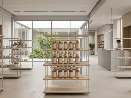 Architektur-Render im Kosmetikfachgeschaeft mit Shampoo zum Thema Redken Extreme Shampoo gegen, neutrales Tageslicht - Foto: THN