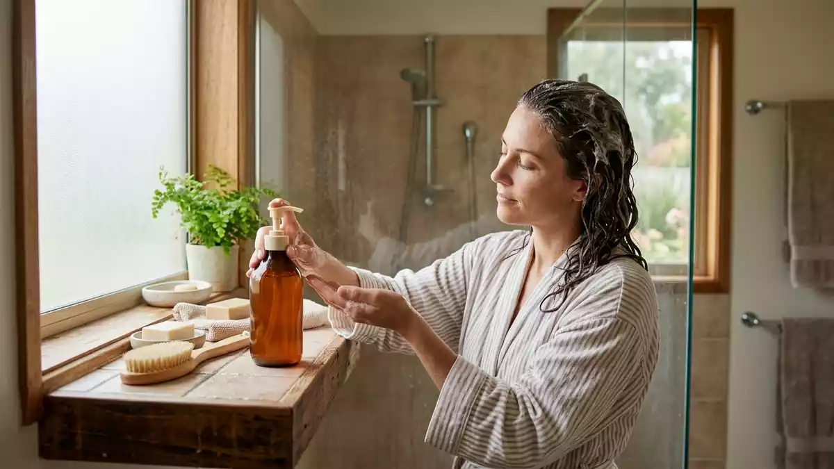 Fotorealistische Ansicht von Shampoo im Badezimmer in realer Umgebung, neutral