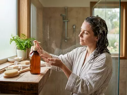Fotorealistische Aufnahme von Shampoo im Badezimmer zum Thema Redken All Soft Shampoo, natuerliches Licht - Foto: THN