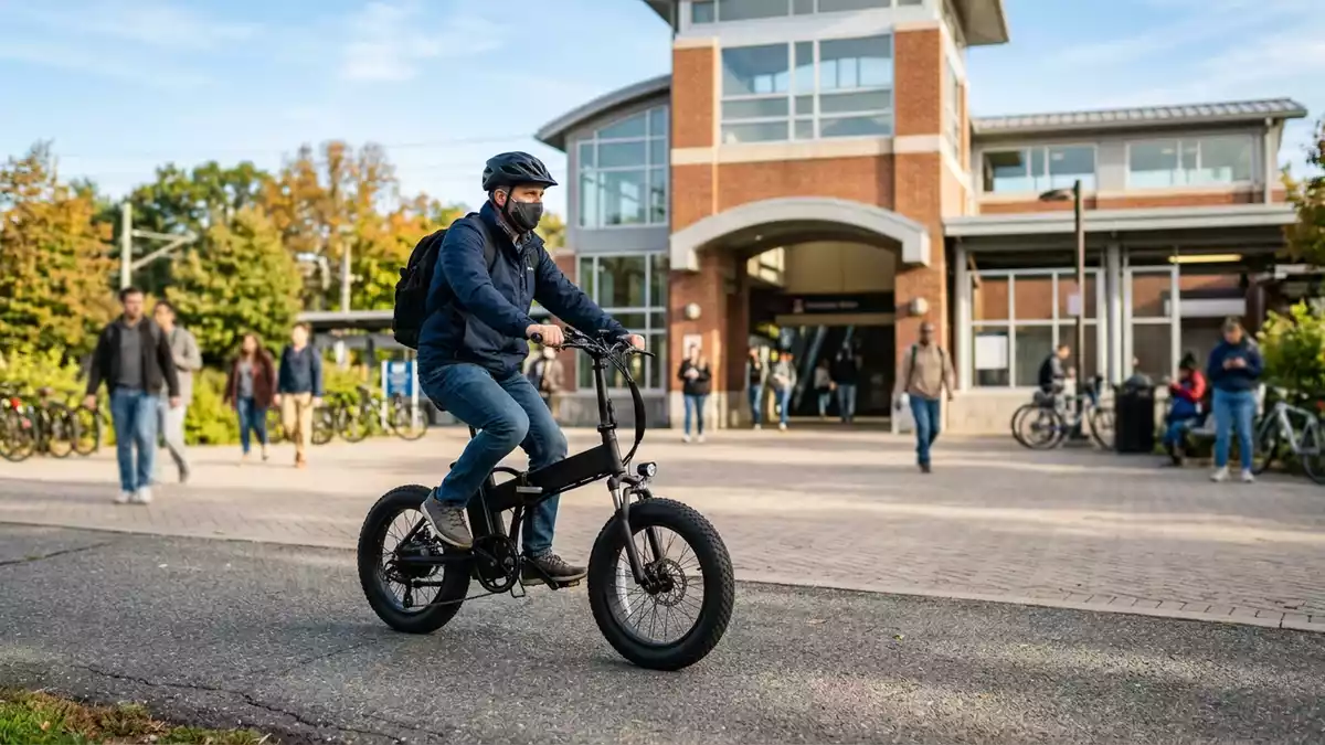 Fotorealistische Ansicht von Klapp Elektrofahrrad am Pendlerweg in realer Umgebung