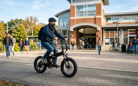Fotorealistische Aufnahme von Klapp Elektrofahrrad am Pendlerweg zum Thema Engwe EP-2 Pro Klapp-E-Bike, natuerliches Licht - Foto: THN