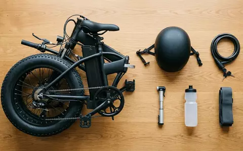 Flatlay-Arrangement rund um Klapp Elektrofahrrad zum Thema Engwe EP-2 Pro Klapp-E-Bike, weiches Oberlicht - Foto: THN