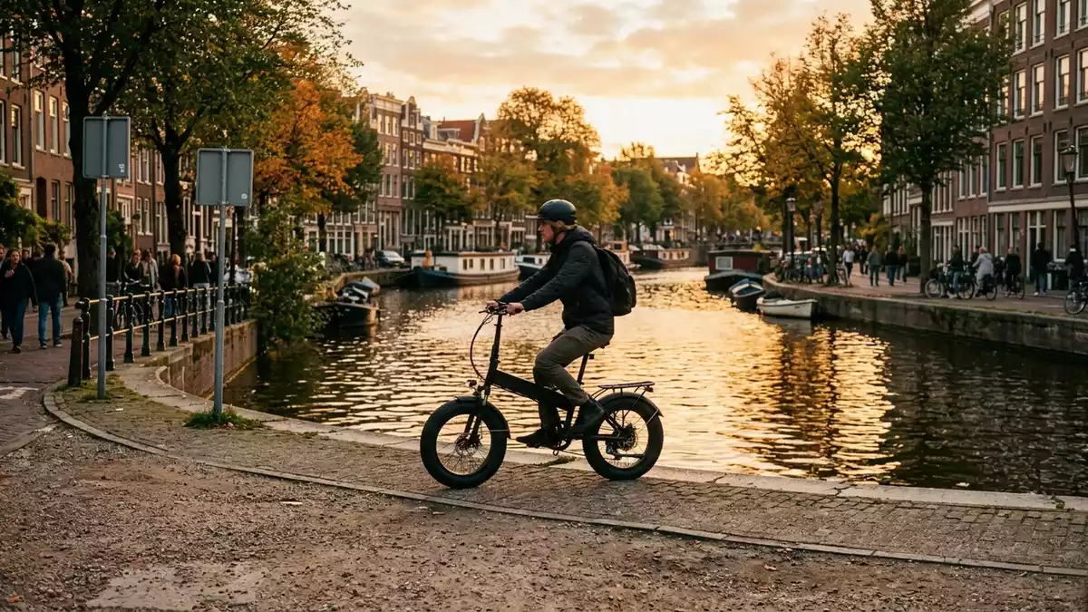 Fotorealistische Ansicht von Klapp Elektrofahrrad am Kanalweg in warmem Abendlicht