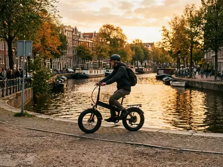 Fotorealistische Aufnahme von Klapp Elektrofahrrad am Kanalweg zum Thema Engwe EP-2 Pro Klapp-E-Bike, warmes Abendlicht - Foto: THN