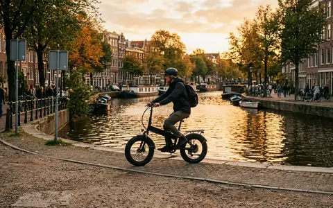 Fotorealistische Aufnahme von Klapp Elektrofahrrad am Kanalweg zum Thema Engwe EP-2 Pro Klapp-E-Bike, warmes Abendlicht - Foto: THN