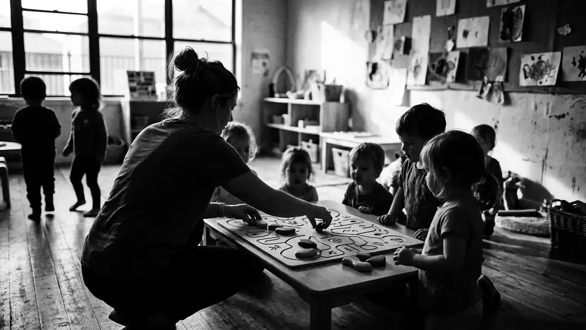 Schwarzweiss-Reportagebild mit Kinderspiel in dokumentarischer Arbeitsumgebung