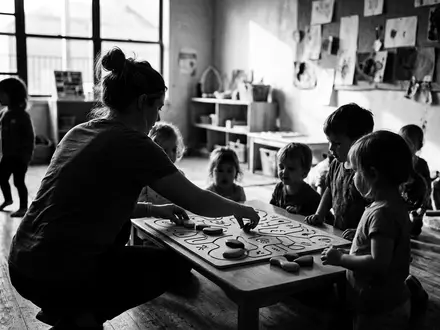 Schwarzweiss-Reportage mit Kinderspiel zum Thema Obstgarten, hoher Kontrast, sachlich dargestellt, markenneutral, redaktionelle Verwendung - Foto: THN