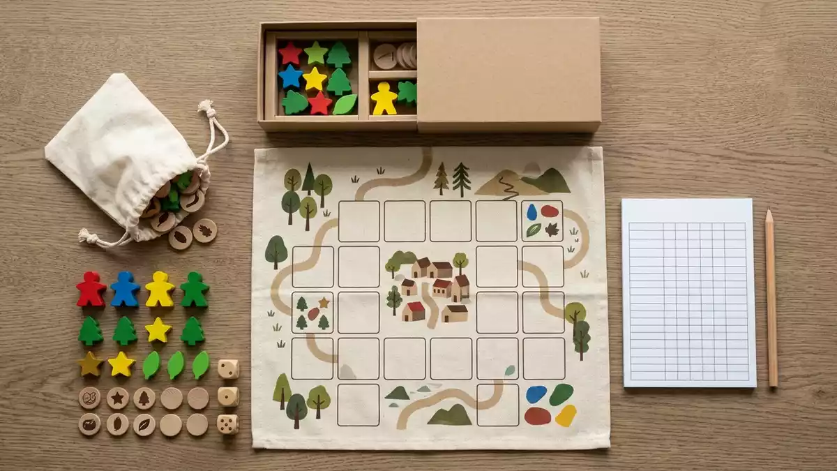 Flatlay-Arrangement rund um Kinderspiel mit passenden Requisiten von oben, neutral