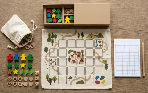 Flatlay-Arrangement rund um Kinderspiel zum Thema Obstgarten, weiches Oberlicht, sachlich dargestellt, markenneutral - Foto: THN