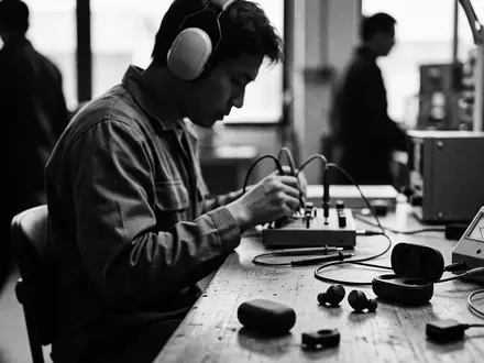Schwarzweiss-Reportage mit Kabellose Ohrhoerer zum Thema Sony WF-1000XM5 In-Ear, hoher Kontrast, sachlich dargestellt - Foto: THN
