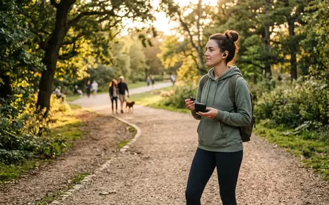 Fotorealistische Aufnahme von Kabellose Ohrhoerer im Park zum Thema Sony WF-1000XM5 In-Ear, warmes Abendlicht - Foto: THN