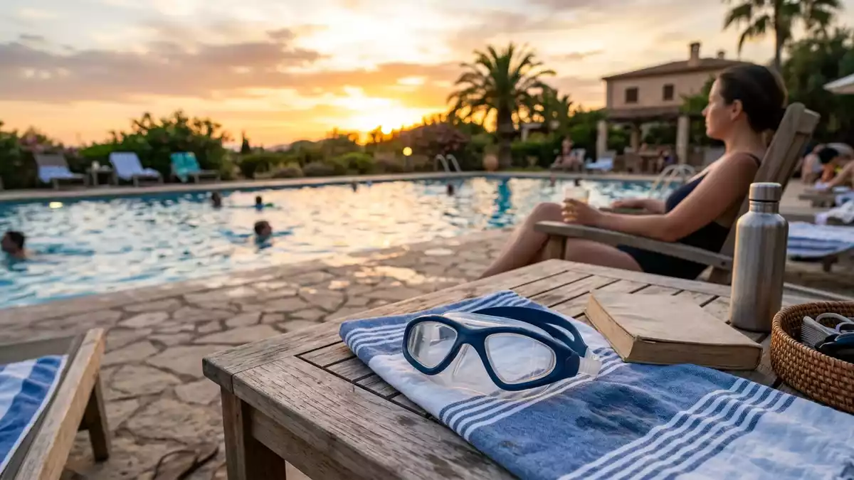 Fotorealistische Ansicht von Schwimmbrille am Pool in warmem Abendlicht, neutral