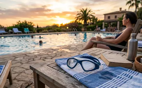 Fotorealistische Aufnahme von Schwimmbrille am Pool zum Thema Speedo Biofuse 2.0 Schwimmbrille, warmes Abendlicht - Foto: THN