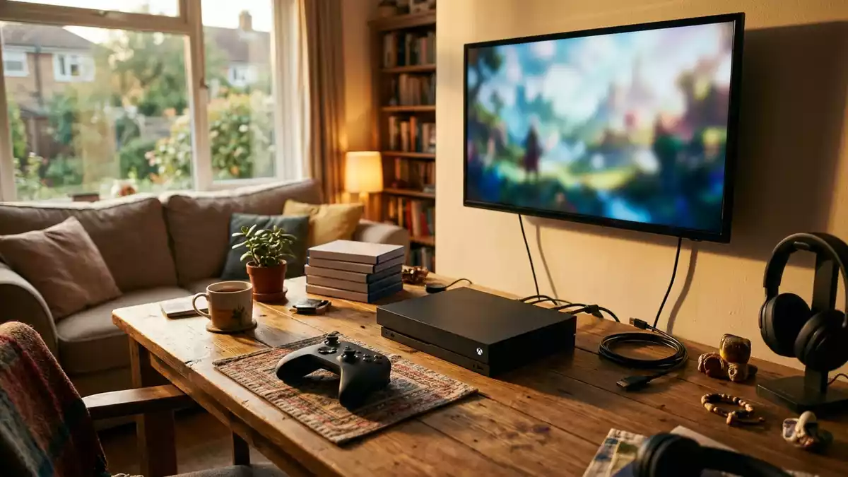Fotorealistische Ansicht von Spielkonsole am Mediatisch in warmem Abendlicht, neutral