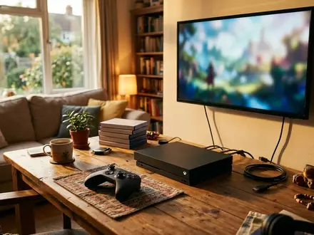 Fotorealistische Aufnahme von Spielkonsole am Mediatisch zum Thema PlayStation 5 Slim Konsole, warmes Abendlicht - Foto: THN