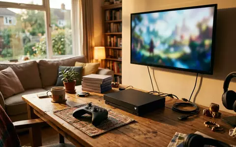 Fotorealistische Aufnahme von Spielkonsole am Mediatisch zum Thema PlayStation 5 Slim Konsole, warmes Abendlicht - Foto: THN