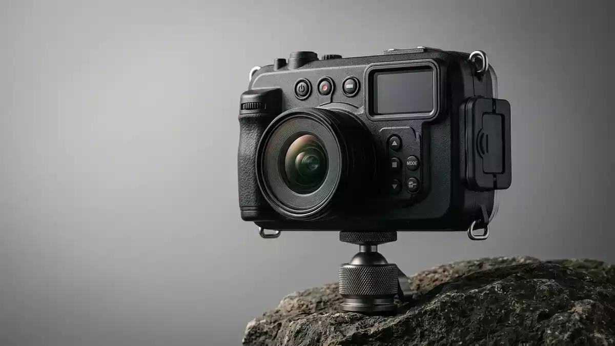 Fotorealistische Studioansicht von Actionkamera in neutraler Produktdarstellung