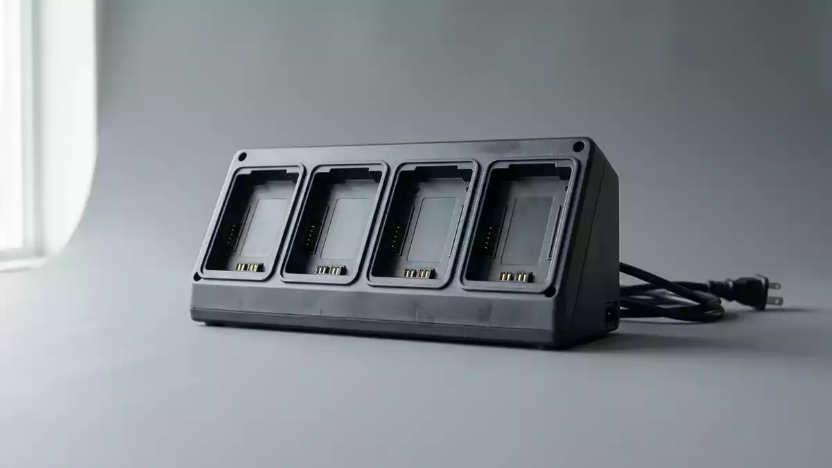 Fotorealistische Studioansicht von Akkuladegeraet in neutraler Produktdarstellung
