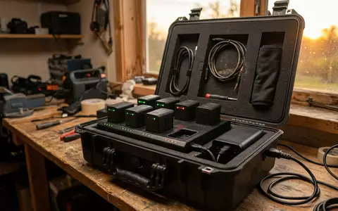 Fotorealistische Aufnahme von Akkuladegeraet in der Tasche zum Thema DJI Charging Hub für, warmes Abendlicht - Foto: THN