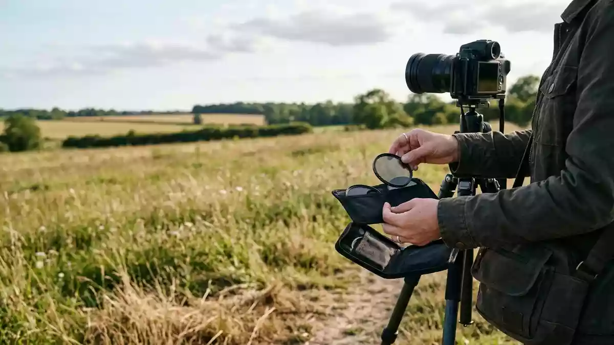 Fotorealistische Ansicht von Objektivfilter auf dem Feld in realer Umgebung, neutral