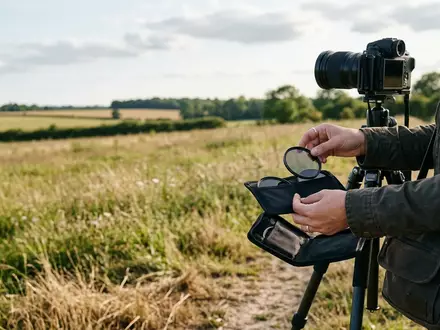 Fotorealistische Aufnahme von Objektivfilter auf dem Feld zum Thema DJI ND-Filter Set für, natuerliches Licht - Foto: THN