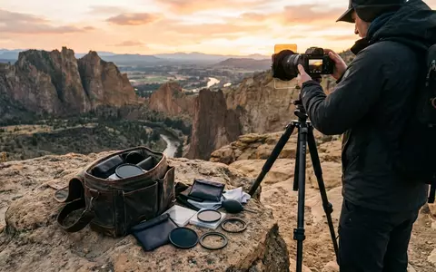 Fotorealistische Aufnahme von Objektivfilter am Aussichtspunkt zum Thema DJI ND-Filter Set für, warmes Abendlicht - Foto: THN