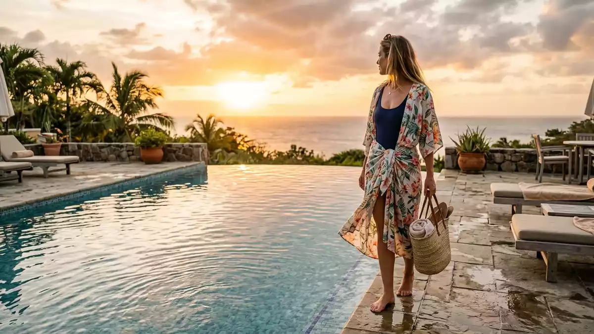 Fotorealistische Ansicht von Strandpareo am Pool in warmem Abendlicht, neutral