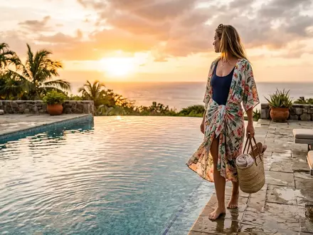 Fotorealistische Aufnahme von Strandpareo am Pool zum Thema Dokotoo Damen Strandbekleidung Cover-Up, warmes Abendlicht - Foto: THN