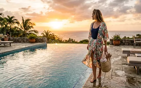 Fotorealistische Aufnahme von Strandpareo am Pool zum Thema Dokotoo Damen Strandbekleidung Cover-Up, warmes Abendlicht - Foto: THN