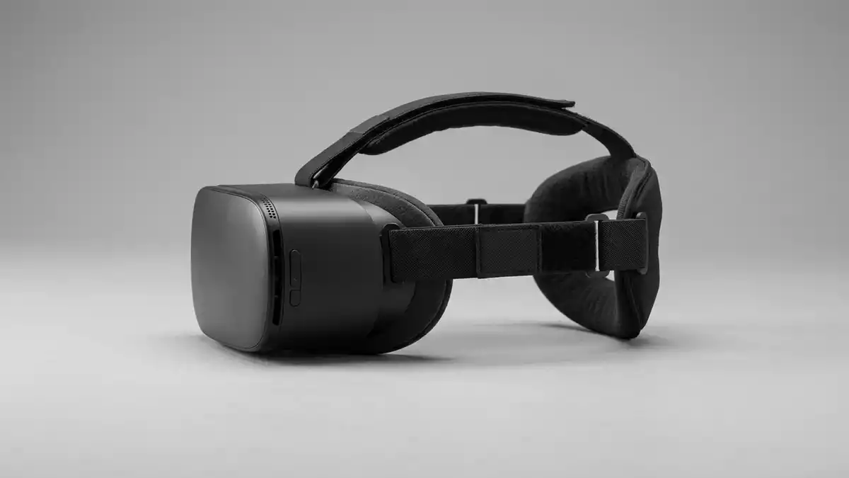 Fotorealistische Studioansicht von VR-Headset in neutraler Produktdarstellung, neutral